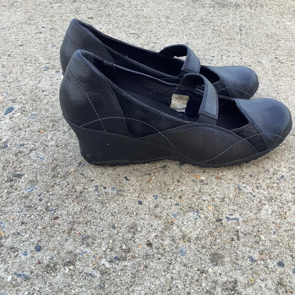 Merrell Orchid Black Leather Suede Mary Jane Wedge Shoes J46204 Vibram Womens 11